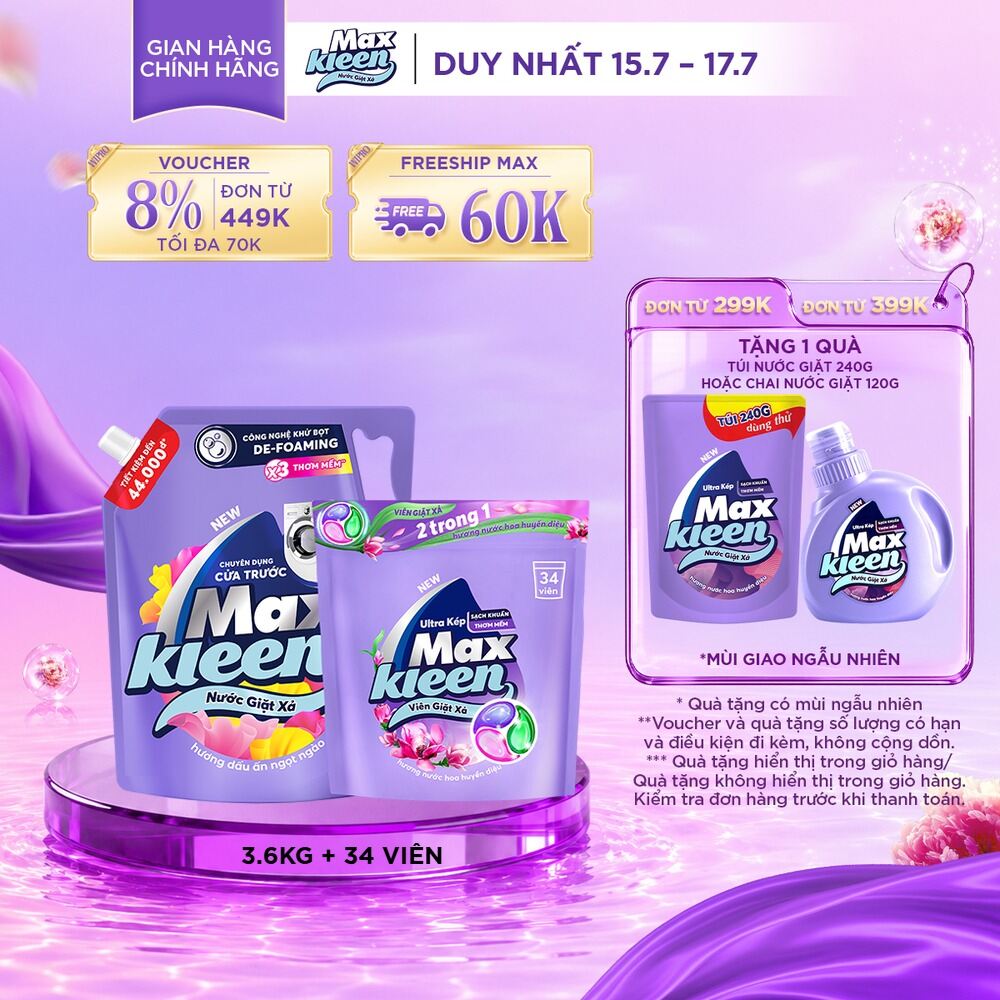 Combo Nước giặt xả cho máy giặt cửa trước hương Dấu Ấn Ngọt Ngào 3.6kg + Túi viên MaxKleen hương Huyền Diệu (34 viên/ túi)