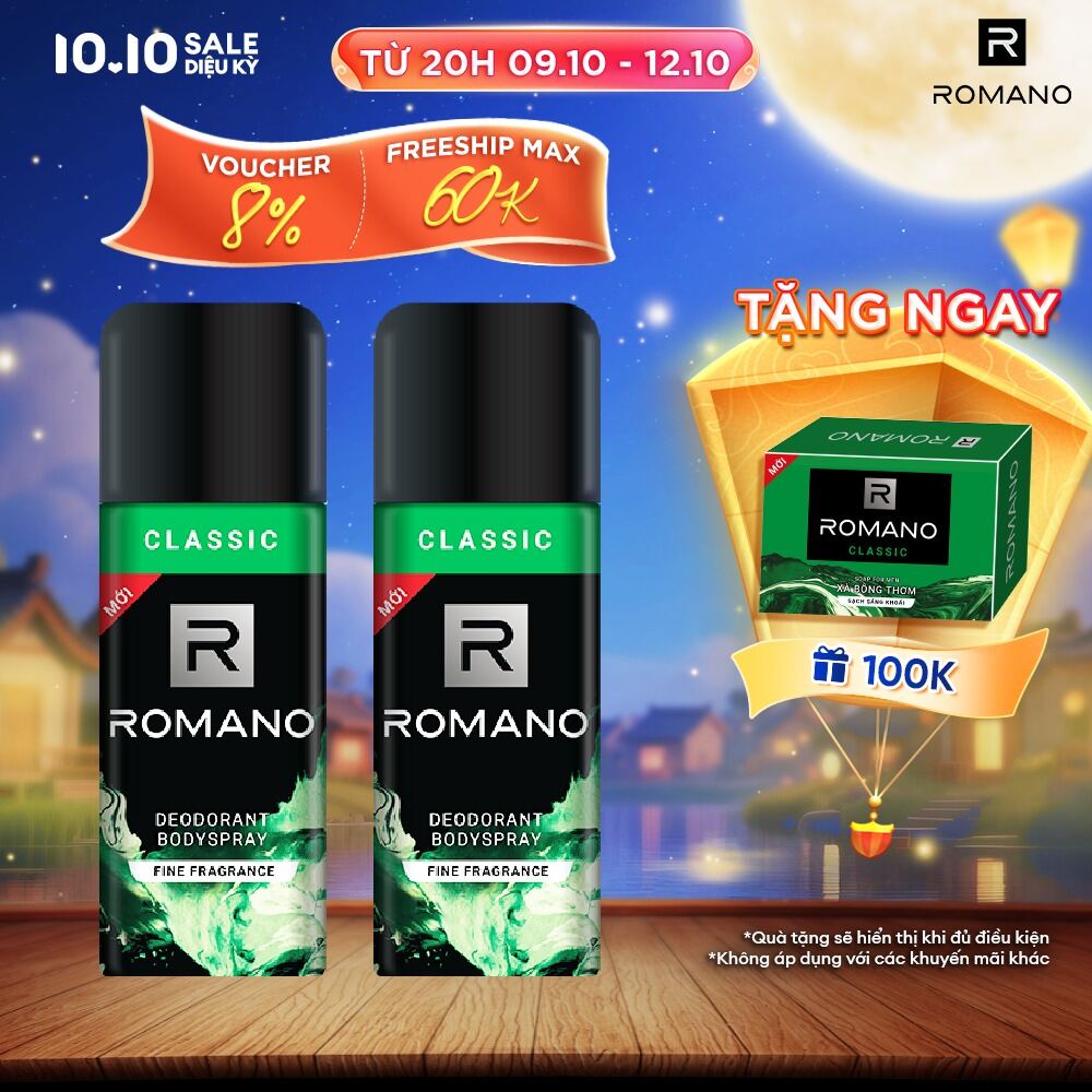 [Lazada trợ giá 15K] Combo 2 Xịt toàn thân ngăn mồ hôi và mùi cơ thể Romano 150ml