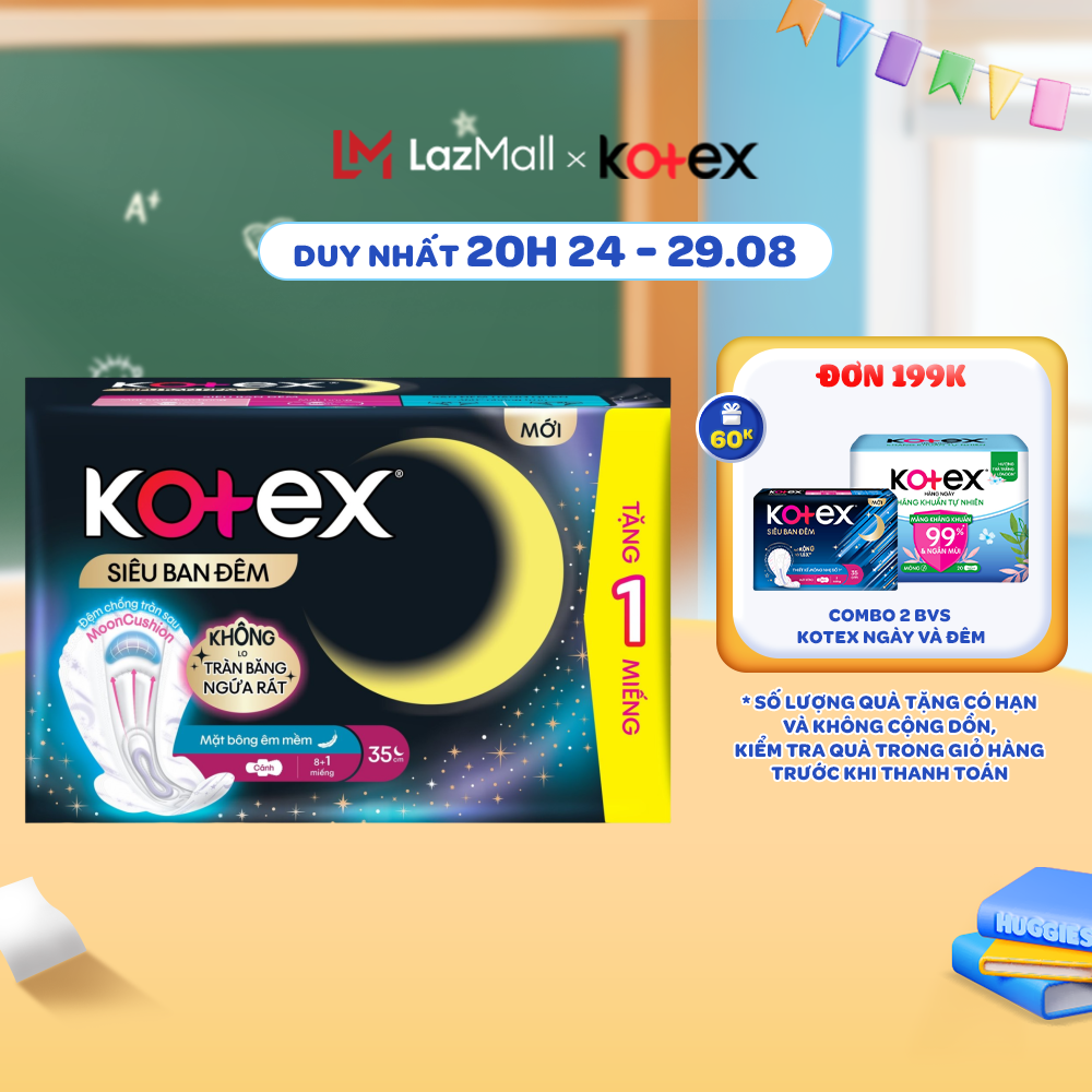 Combo 4 gói băng vệ sinh Kotex ban đêm mặt bông siêu mỏng cánh 8 miếng