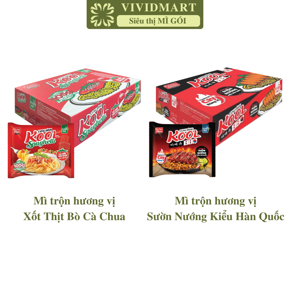 [THÙNG 30 GÓI] - AFOTECH - Mì trộn Cung Đình Kool 3 vị: Spaghetti xốt thịt bò, BBQ sườn nướng, Tôm trứng muối (90-105g/gói)