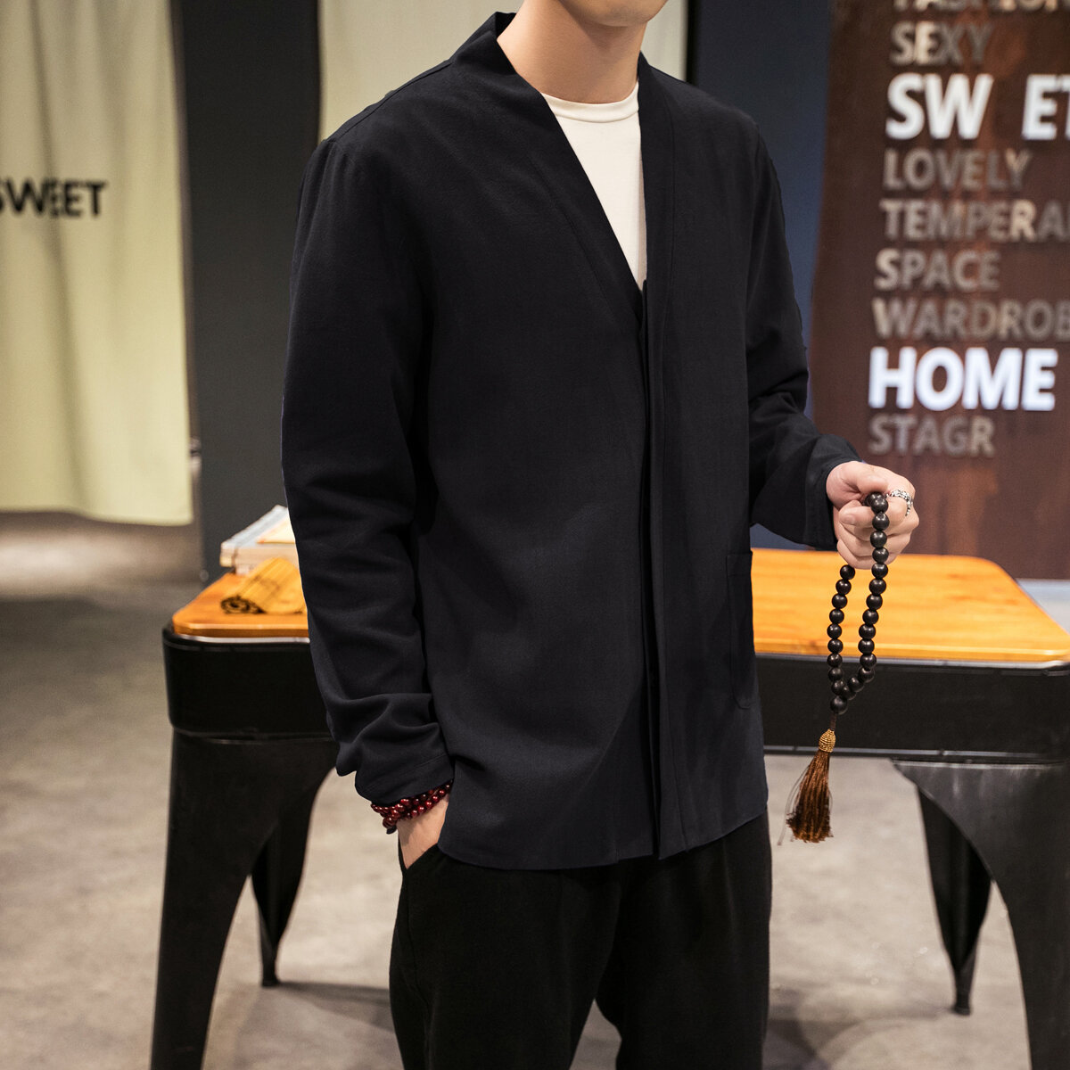 Phong Cách Trung Hoa Nam Vải Lanh Cotton Cổ Chữ V Mở Cardigan Rời Kích Thước Lớn Đường Trang Phục Mùa Xuân, Mùa Thu Áo Hợp Thời Trang Thanh Niên Giải Trí Áo Khoác Ngoài