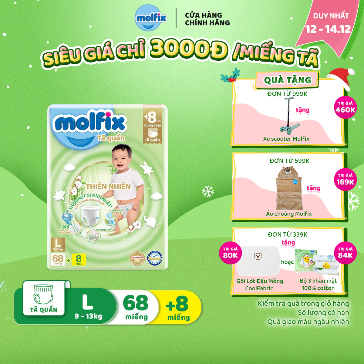 Tã quần Molfix Thiên nhiên Ultra L (9kg 13kg) Gói 68+8 miếng