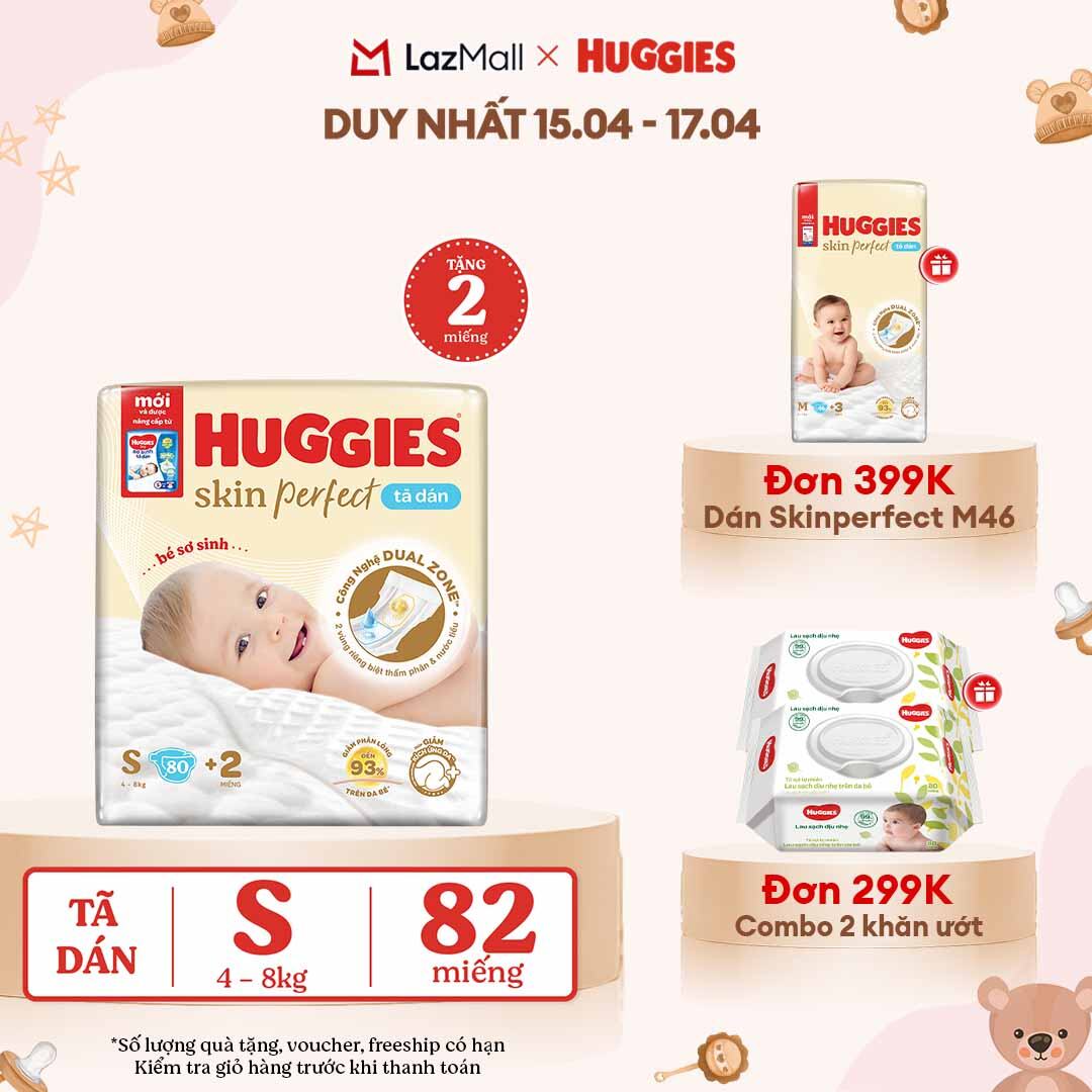 [CHỈ 18-24.04 QUÀ TẶNG ĐƠN 0Đ]  Tã/Bỉm dán sơ sinh Huggies Skin Perfect S80 - 80+2 miếng