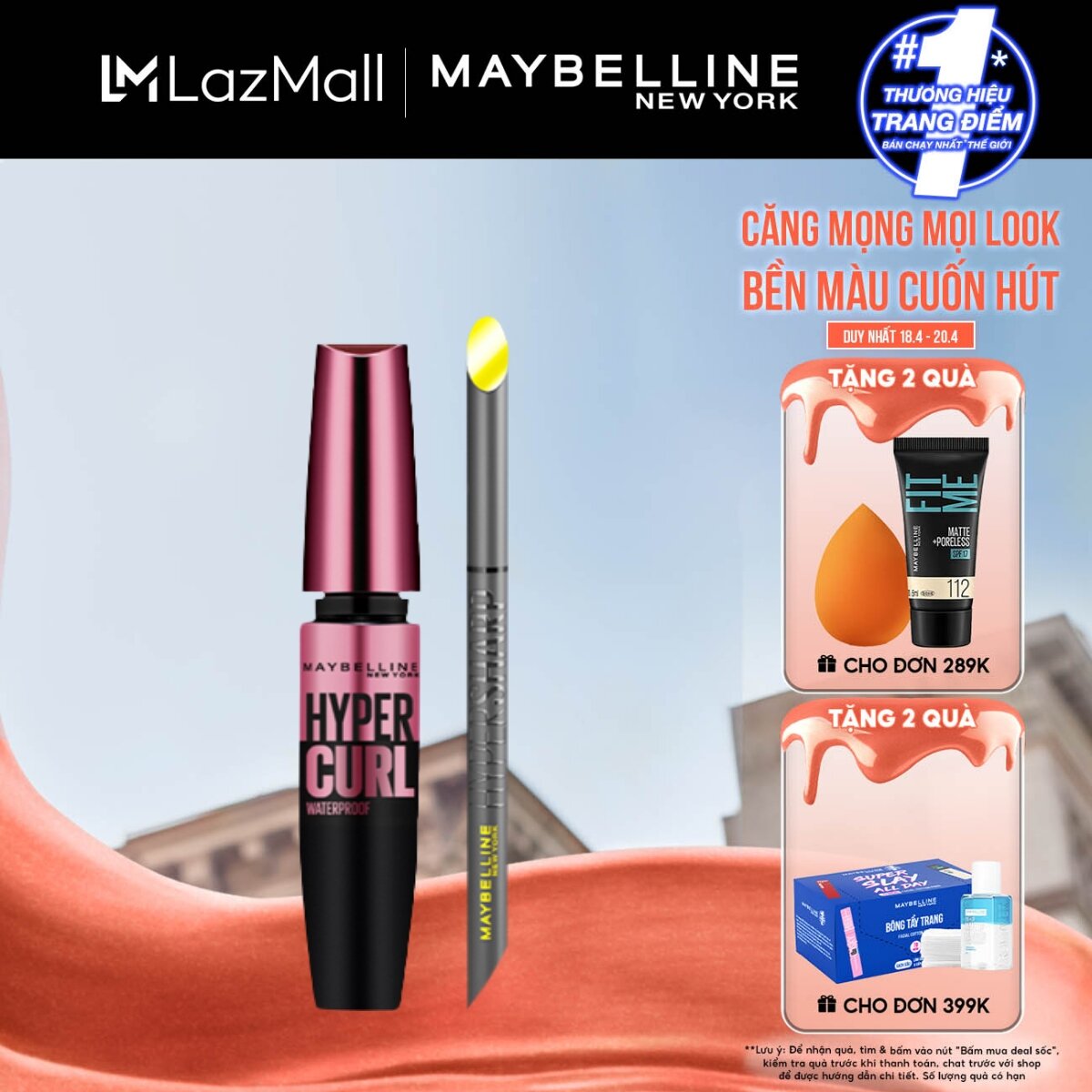 Bộ trang điểm Bút kẻ mắt nước siêu sắc mảnh không lem, trôi Hyper Sharp, Mascara Dài Mi và Cong Mi Hyper Curl Maybelline New York