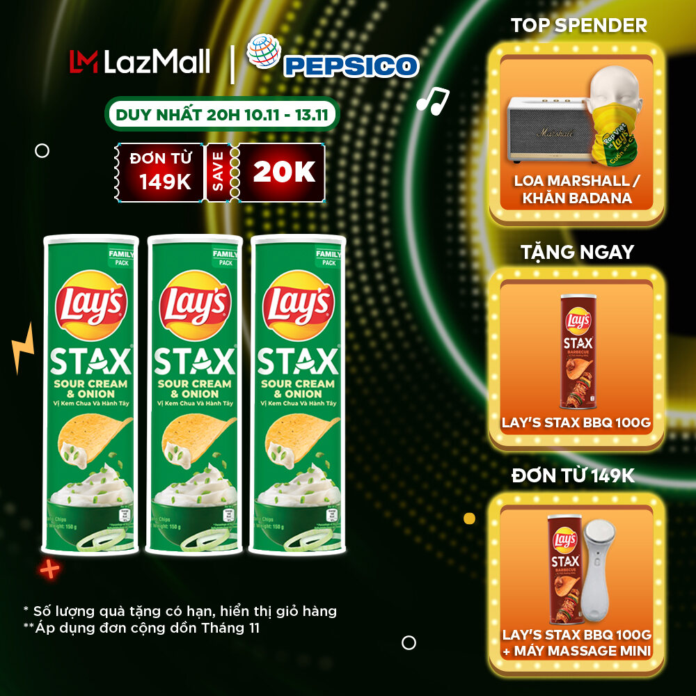 Combo 3 Lays Stax Khoai Tây Miếng Vị Kem Chua và Hành Tây 155G