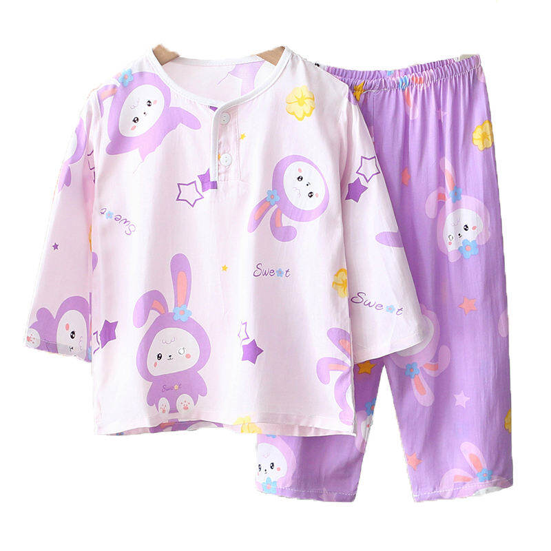 Đồ Ngủ Trẻ Em Lụa Cotton Mùa Hè Bộ Đồ Bé Gái Lụa Cotton Trẻ Em Bé Gái Mẫu Mỏng Tay Dài Bé Trai Đồ Mặc Ở Nhà