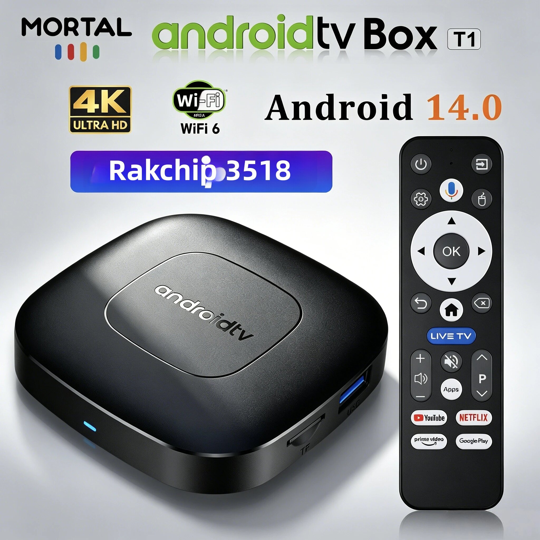 Hộp Giải Mã Truyền Hình Đa Phương Tiện Sử Dụng Tại Nhà MORTAL 2026 Hệ Thống Kép, Android 14 RK3518, RAM 2GB, Bộ Nhớ 16GB, WiFi 6 Tốc Độ Cao, Bluetooth 5.0, Hỗ Trợ Phát 4K