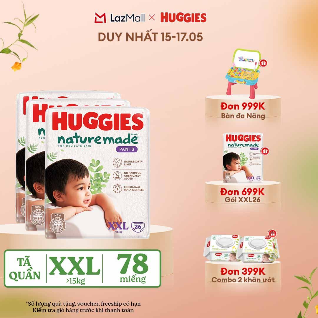 [CHỈ 15-17.05 QUÀ TẶNG ĐƠN 399K](Mua 1 tặng 1)  Combo 3 Tã/Bỉm quần HUGGIES PLATINUM NatureMade XXL26 (Trên 15kg)-Gói Jumbo 26 miếng