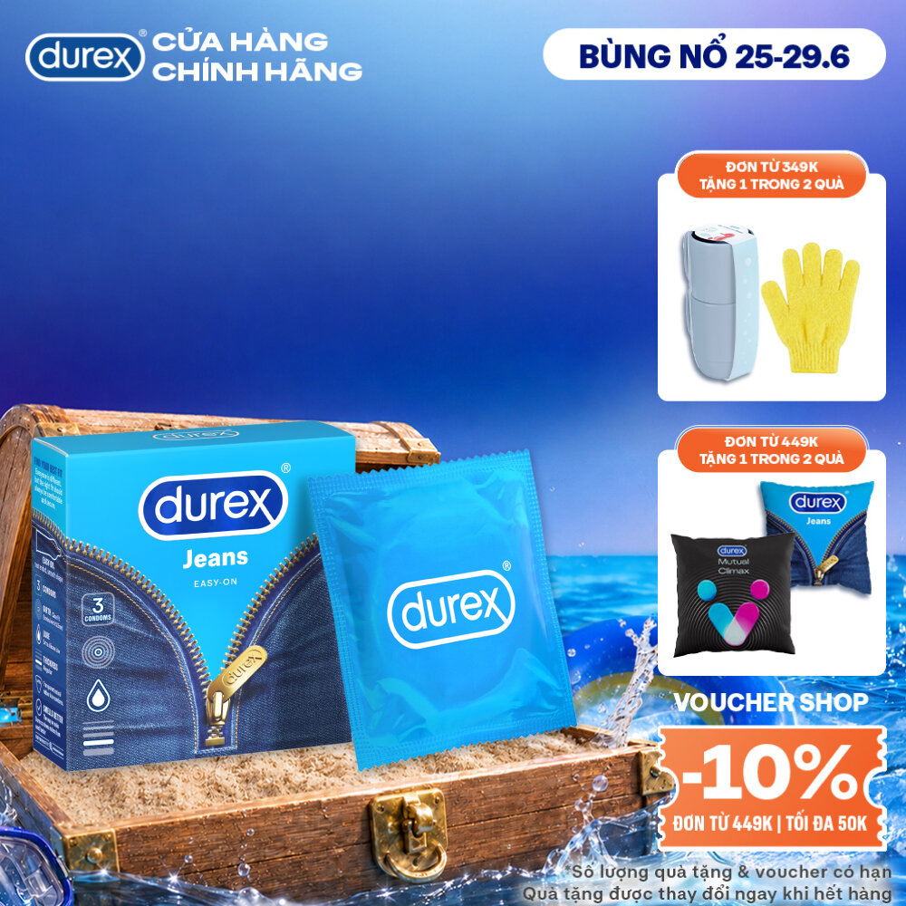 Bao cao su Durex Jeans cơ bản, bôi trơn, size 52.5mm, hộp 3 bao
