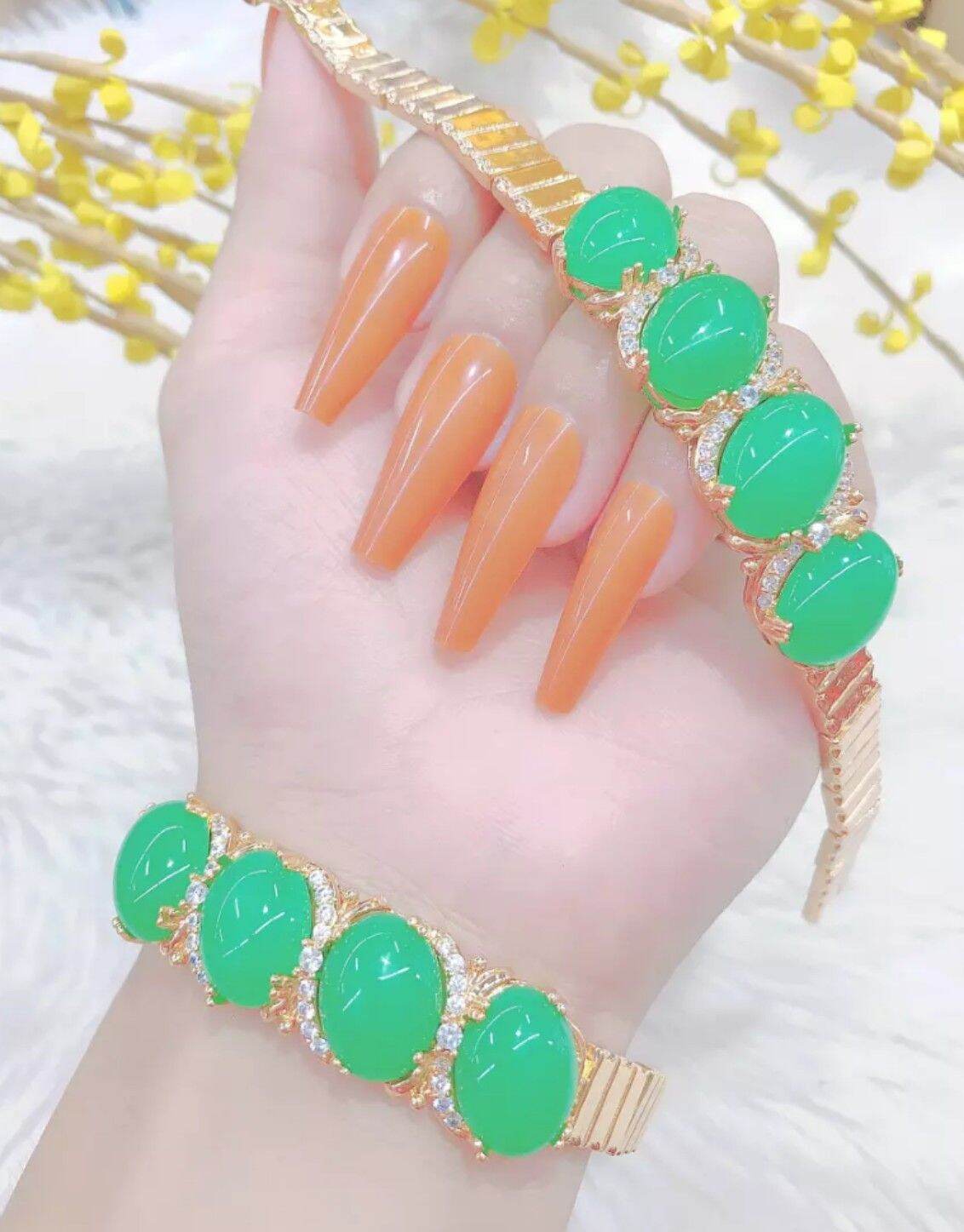 Lắc Tay Nữ Mạ Vàng 18K Đính 4 viên Cẩm Thạch Xanh - Thiết Kế Tinh Xảo - Y Như Thật