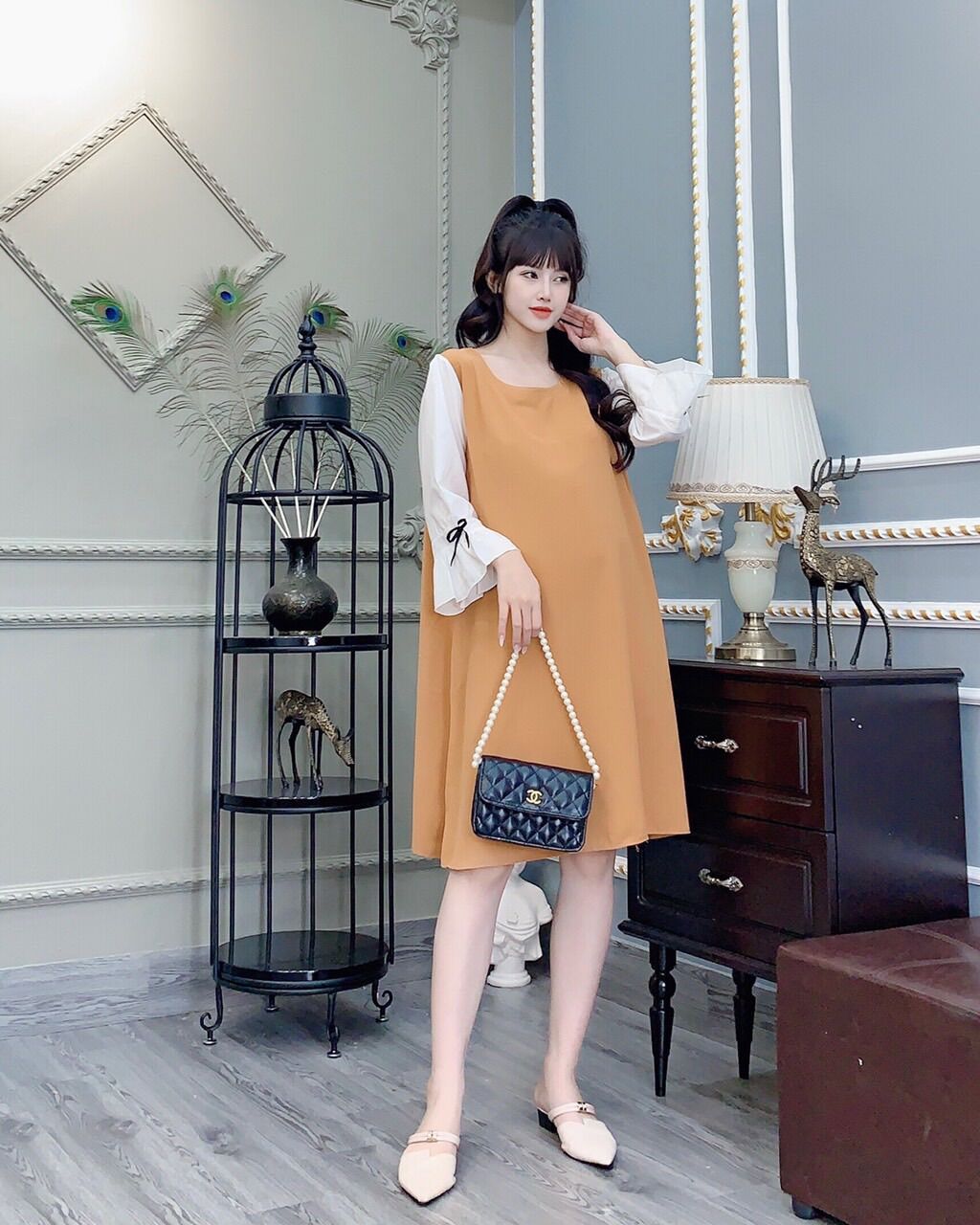 Đầm bầu tay lửng công sở thời trang