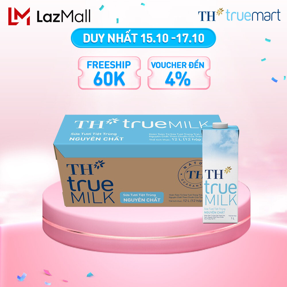 Thùng 12 hộp sữa tươi tiệt trùng TH true MILK nguyên chất 1 L (1 L x 12)