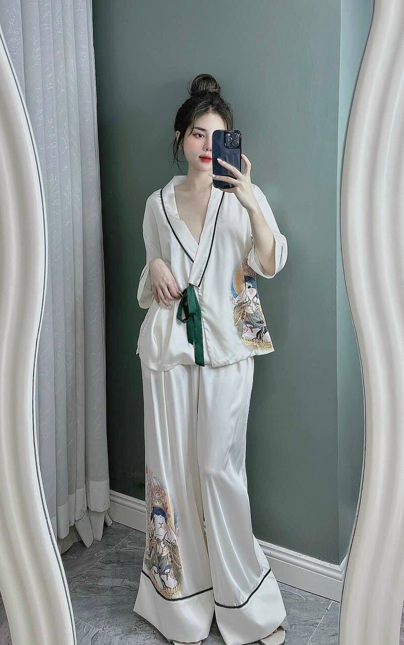 Bộ lụa xước kiểu dáng kimono