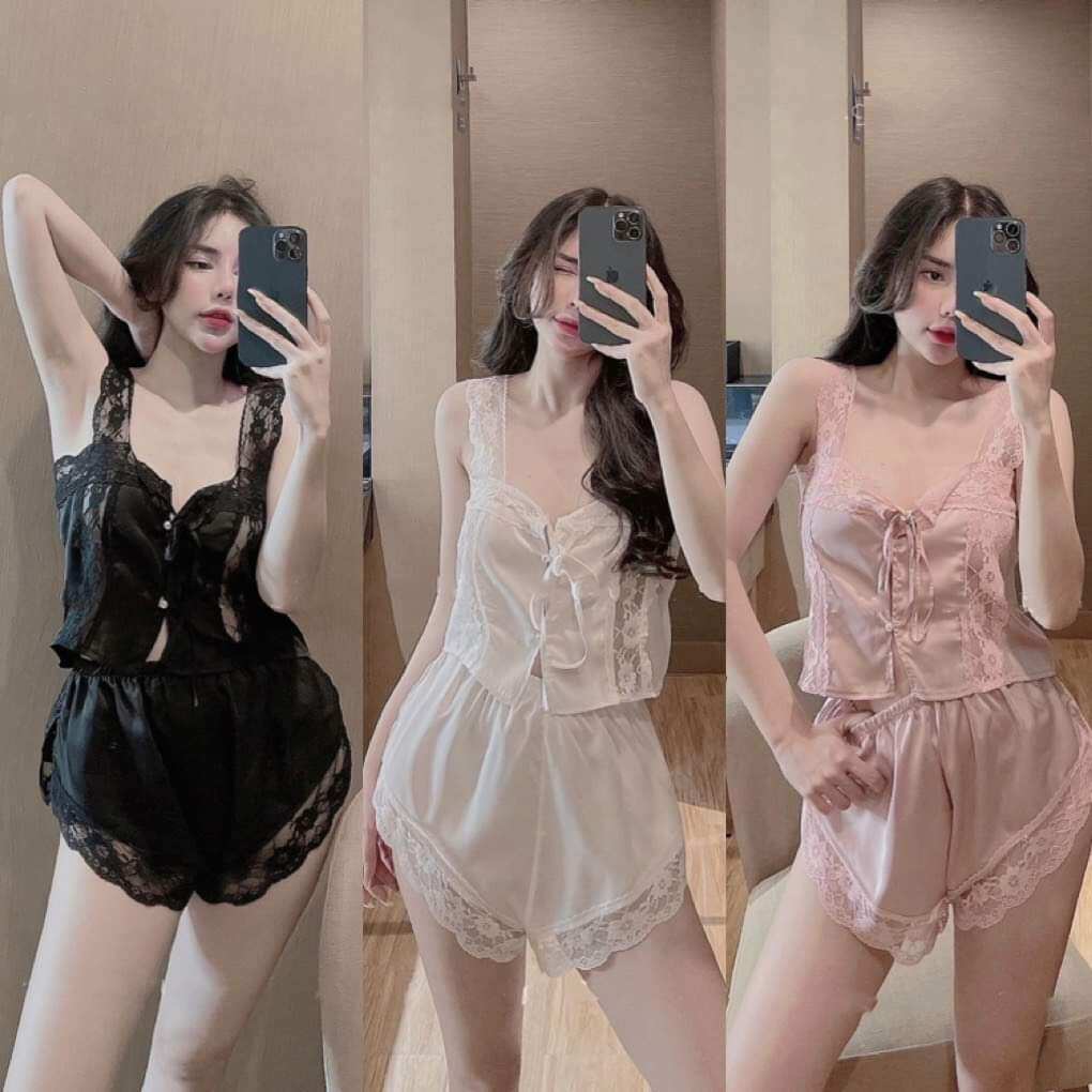Đồ ngủ nữ áo 2 dây quần đùi chất lụa Latin phối ren mềm mại
