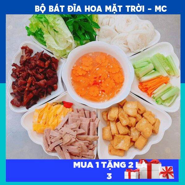 Bộ bát đĩa hoa mặt trời, trắng trơn.