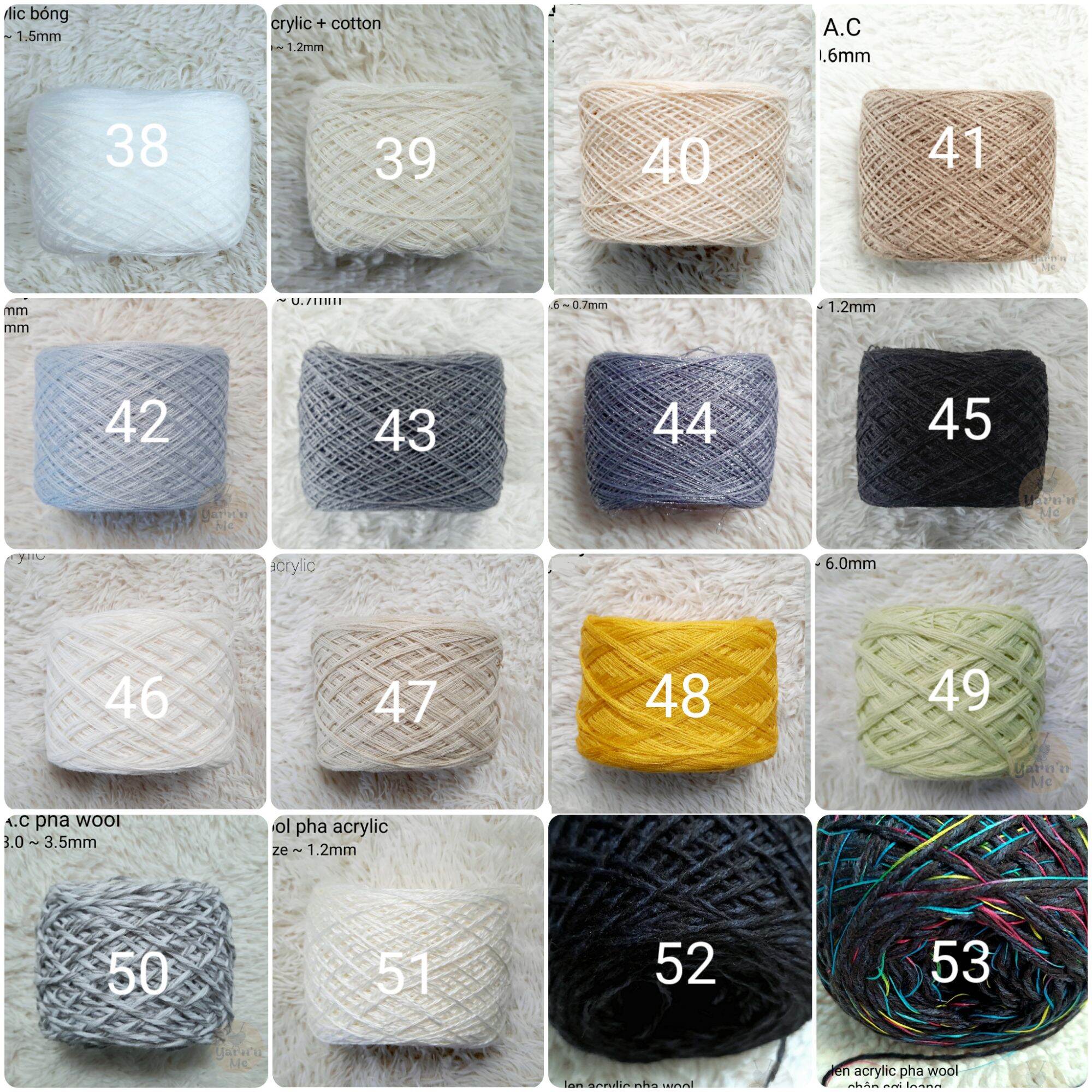 (38-53) Len acrylic các loại, nhiều màu, đan móc áo, mũ, khăn mùa đông