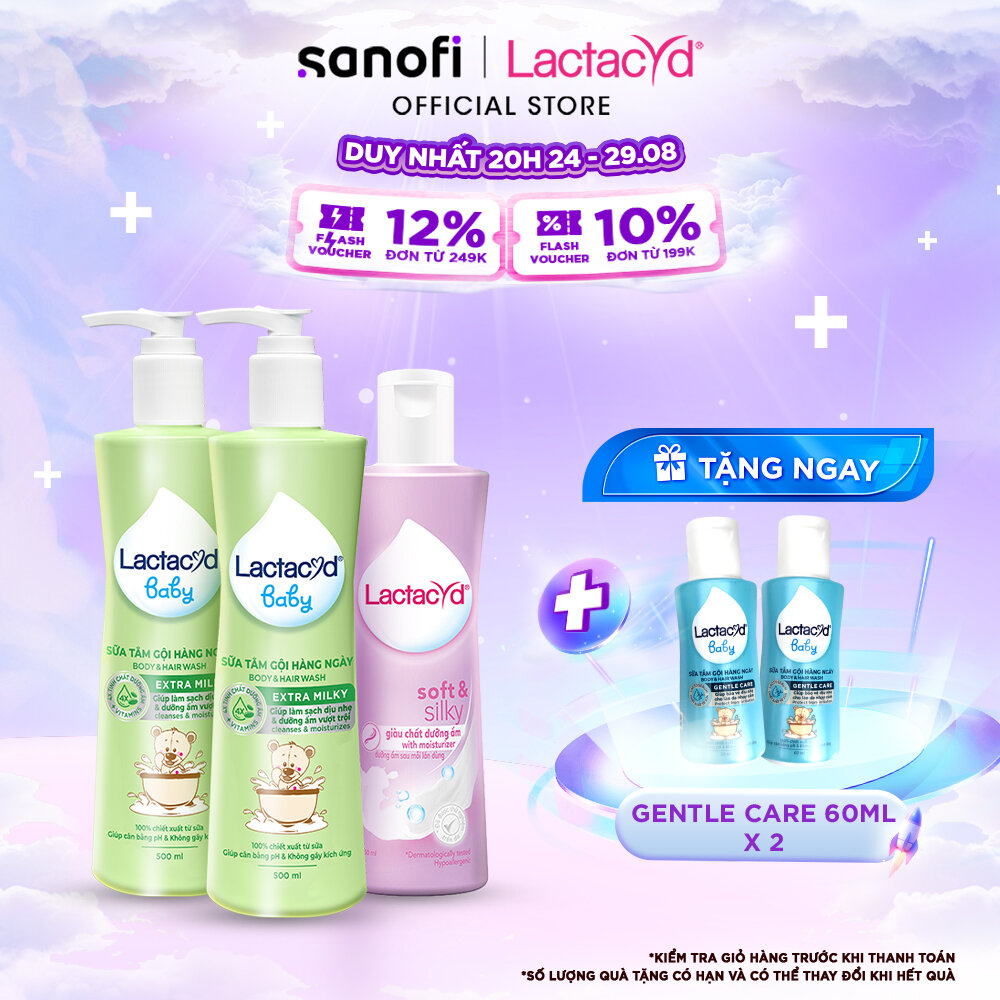 Bộ 2 chai Sữa Tắm Gội Trẻ Em Lactacyd Baby Extra Milky 500ml+ 1 Dung Dịch Vệ Sinh Soft & Silky Dưỡng Ẩm 250ml