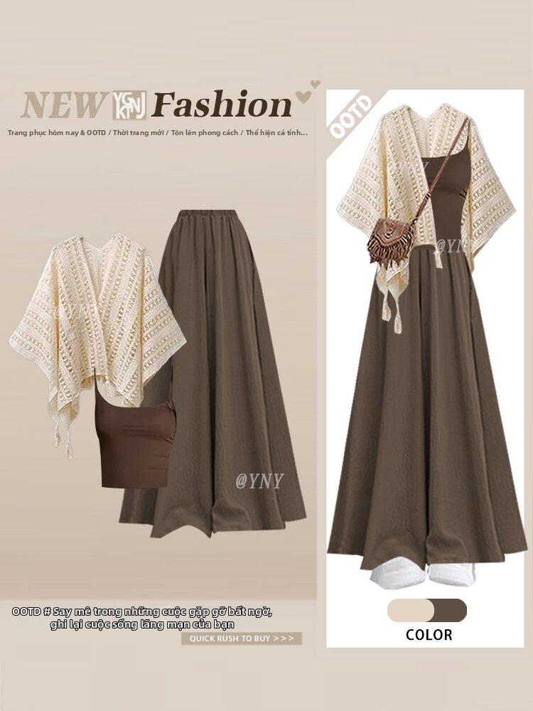 YNY | Bộ Đầm Tunica Dân Tộc Phong Cách Vintage Cao Waist Hollow Out