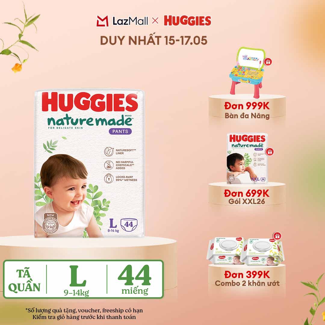 [CHỈ 15-17.05 QUÀ TẶNG ĐƠN 399K](Mua 1 tặng 1) Tã/Bỉm quần HUGGIES PLATINUM NatureMade L44 (9-14kg)-Gói Jumbo 44 miếng