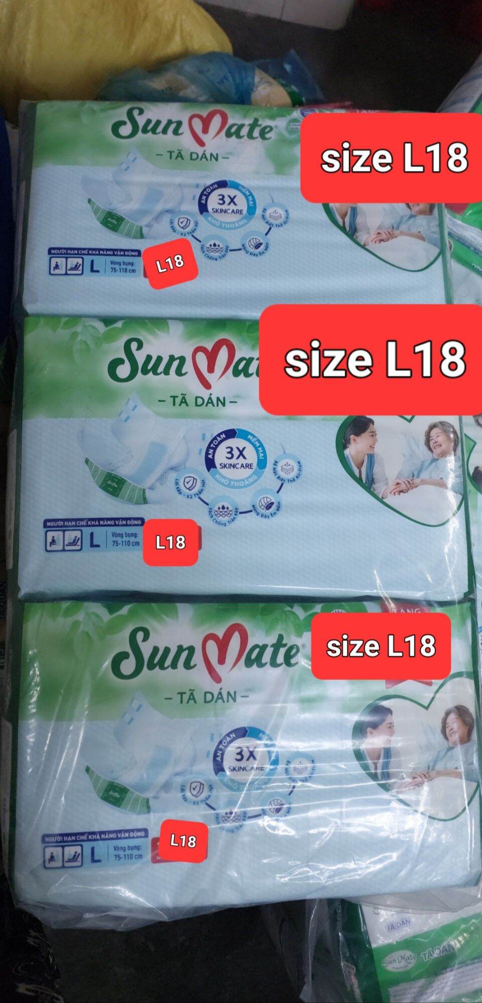 Tã dán sunmate size l18 km 2mieng người lớn vòng bụng 75 đến 110cm giành cho người ít đi lại có tại shop tuong vy