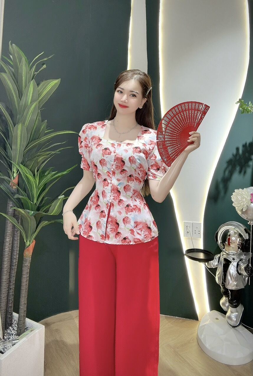 bộ bà ba kiểu cổ vuông tay búp lụa