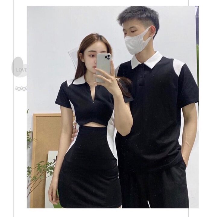 Set váy+áo đôi khoét hở sexy phối trắng đen