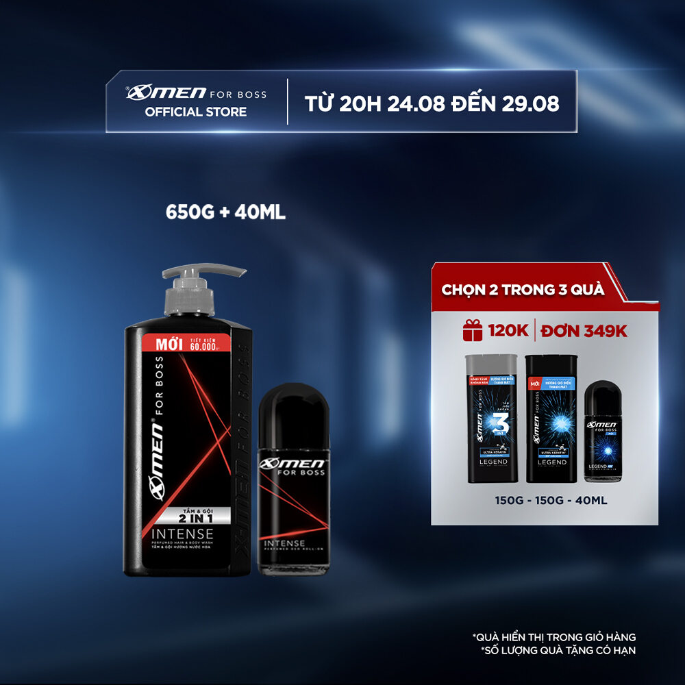 Combo tắm gội x-men for boss intense 2in1 650g và lăn khử mùi intense 40ml