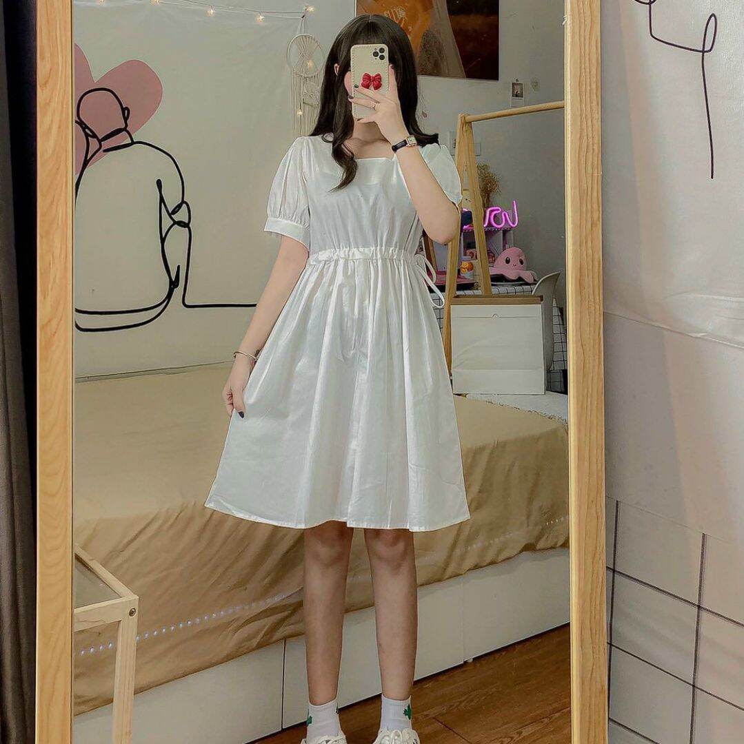 đầm thô tay bồng rút eo vintage ảnh thật