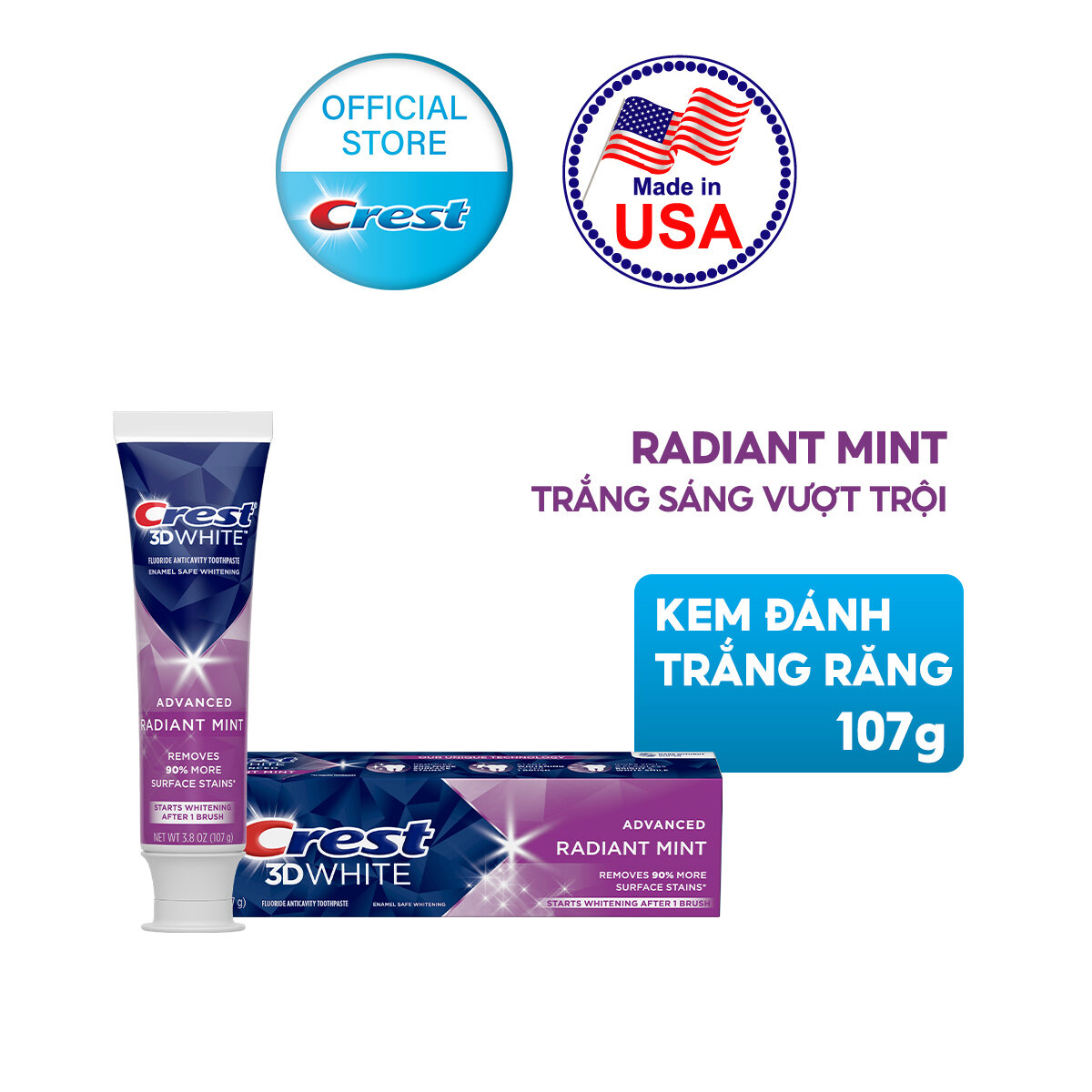 [MUA 1 TẶNG 1 QUÀ] Kem Đánh Răng CREST 3D White Radiant Mint 107g - Nhập Khẩu Mỹ