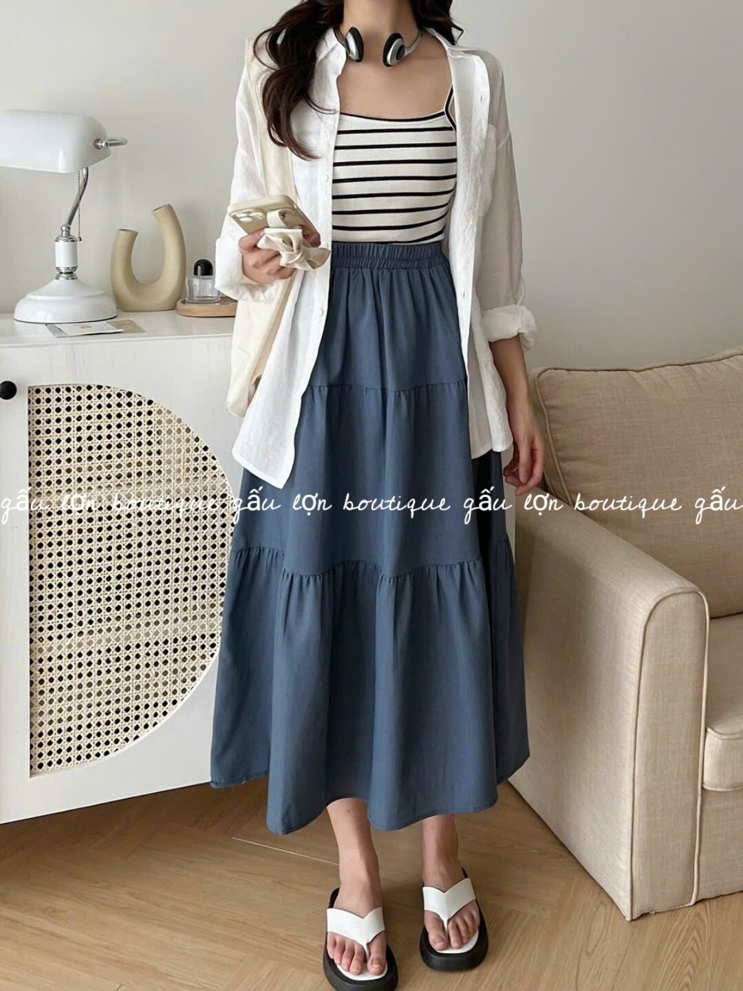 chân váy midi 3 tầng chất thô 2lớp hàn quốc