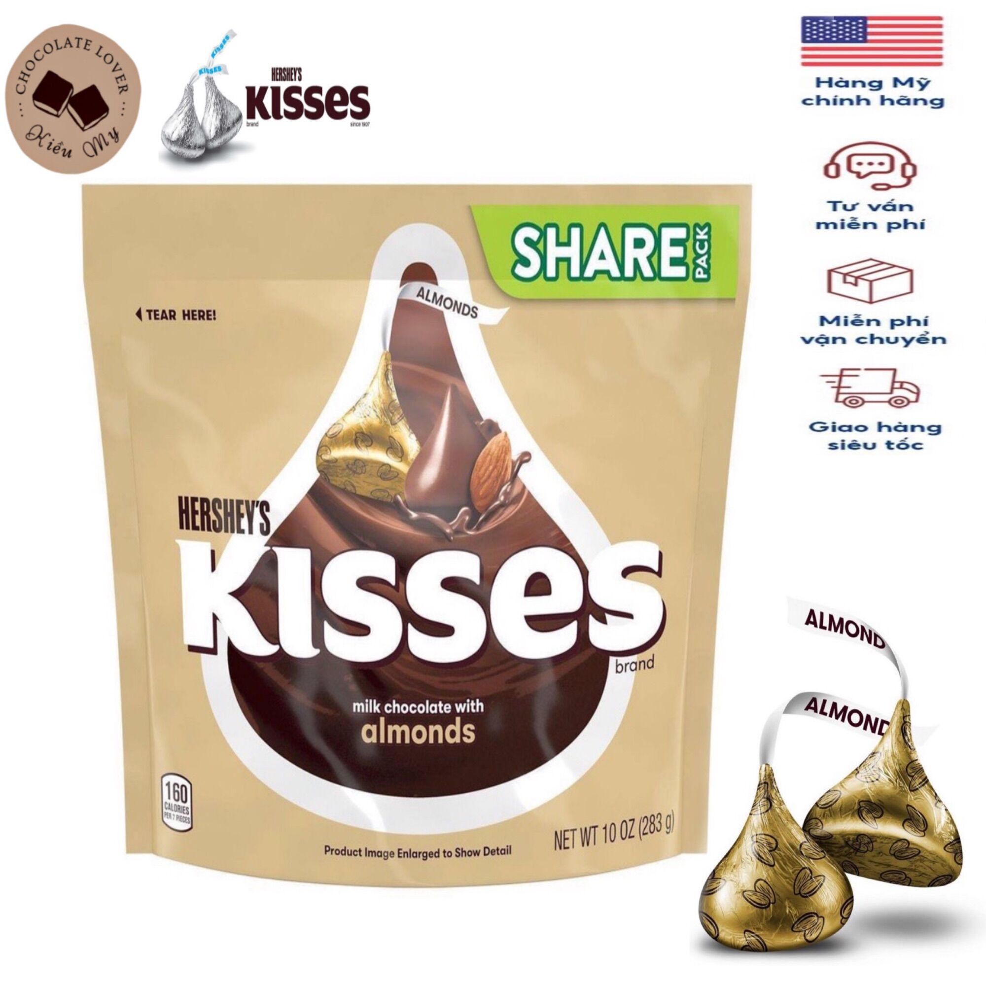Kẹo Socola Mỹ Kisses vàng nhân hạnh nhân 283 gram