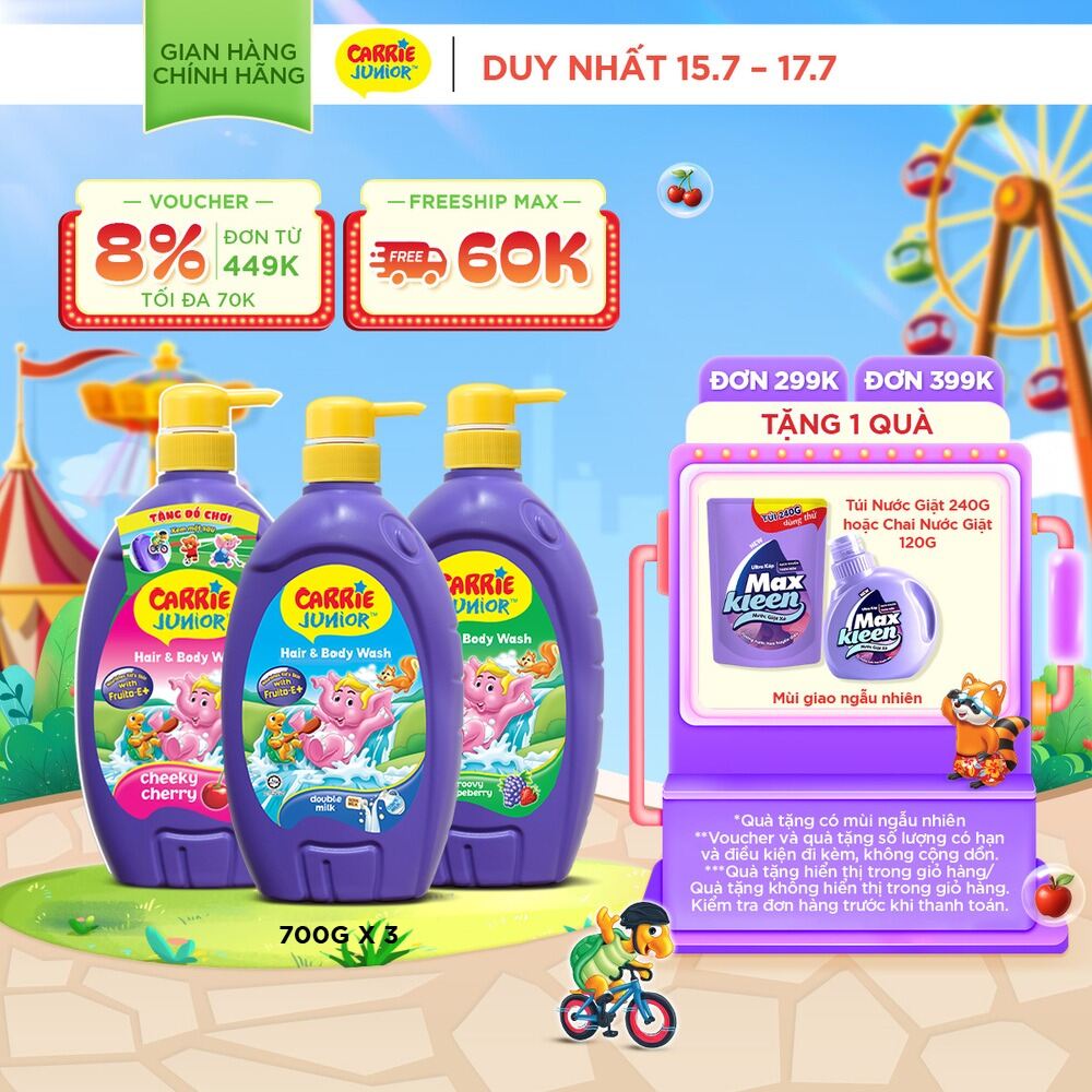 Combo 3 Sữa Tắm Gội cho bé Carrie Junior chiết xuất trái cây thiên nhiên (700g x 3): 1 Hương Grapeberry + 1 Hương Cherry + 1 Tinh Chất Sữa