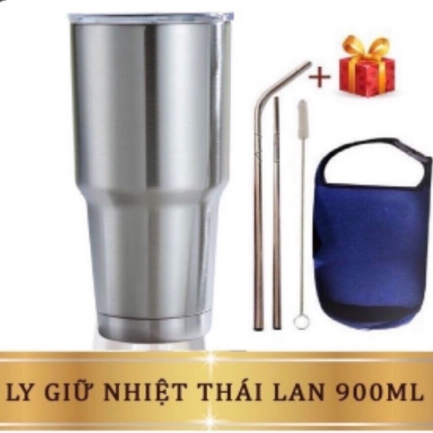 Ly giữ nhiệt cốc đựng nước inox 900ml tặng kèm ống hút dụng cụ cọ rửa và túi đựng tiện lợi
