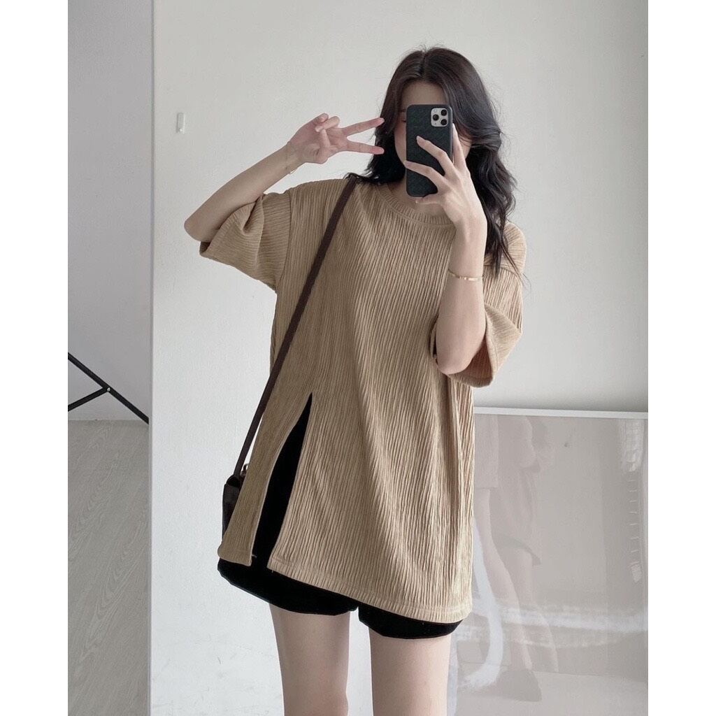 Áo thun xẻ tà cực chất ba màu trắng nâu đen