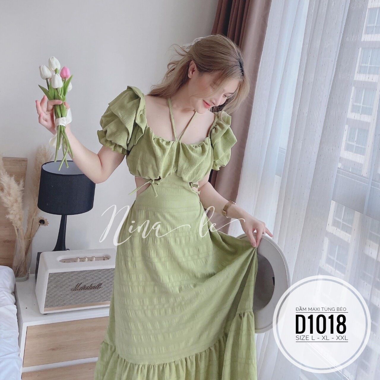 60-90kg Bigsize Đầm maxi tùng bèo D1018