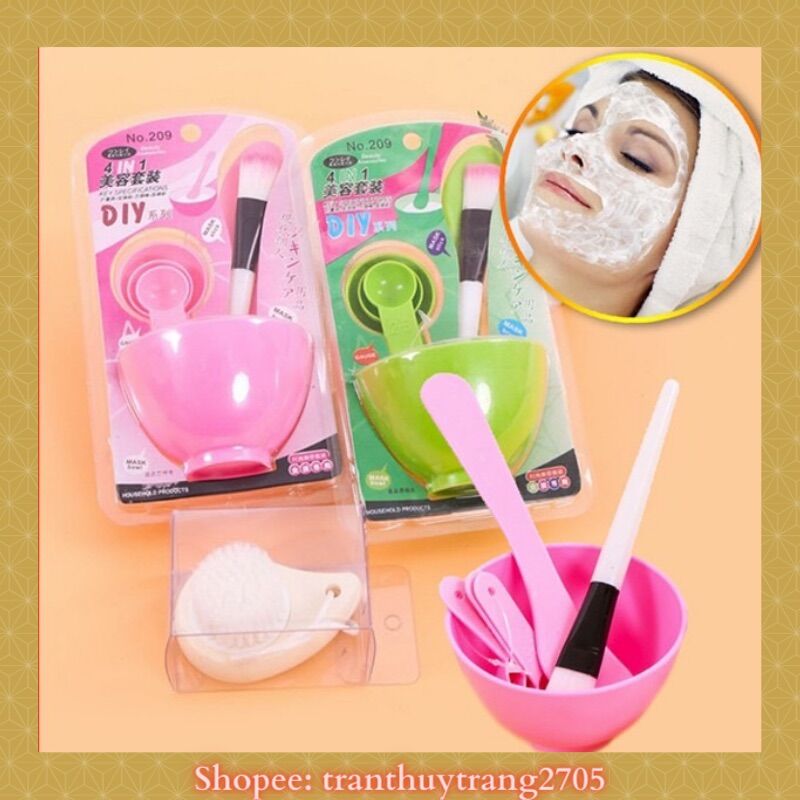 (Freeship)Bộ Bát Trộn Đắp Mặt Nạ 04 Món Kèm Thìa và Cọ Quét