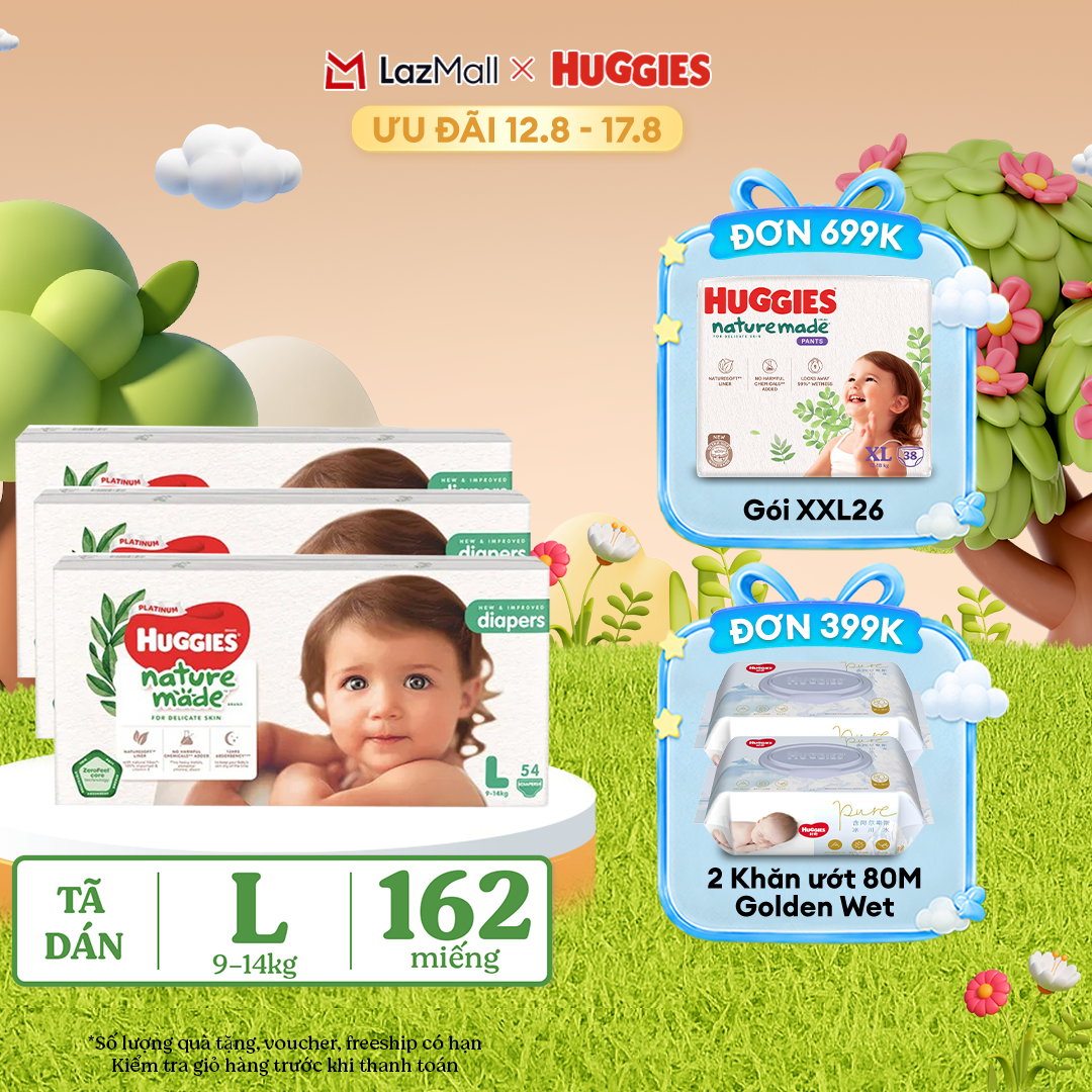 [12-17.08 QUÀ TẶNG ĐƠN 399K] Combo 3 Tã/Bỉm dán HUGGIES PLATINUM NatureMade L54 (9-14kg)-Gói Jumbo 54 miếng