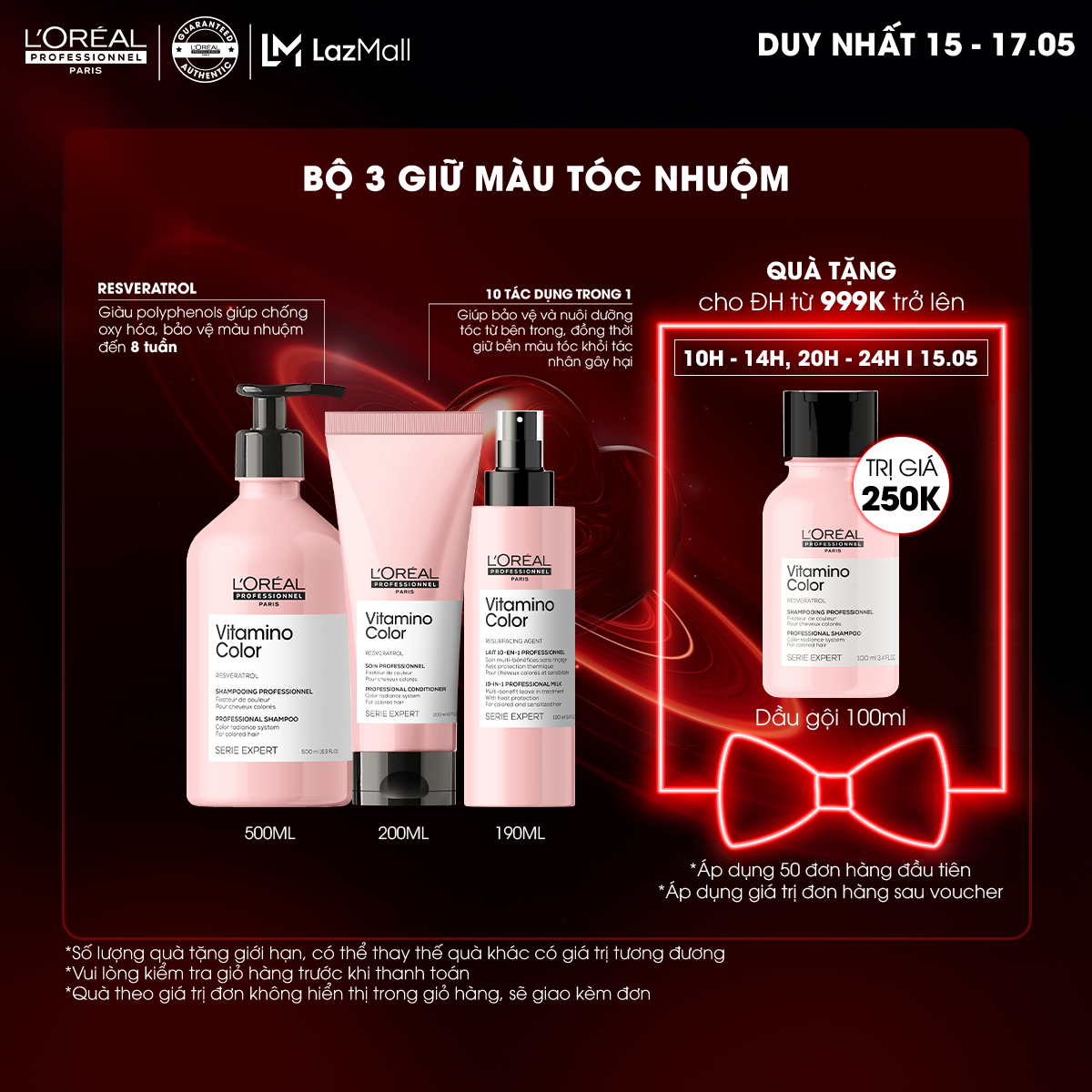 Combo Dầu gội 500ml, Dầu xả 200ml & Xịt dưỡng 190ml giữ màu tóc nhuộm & dưỡng tóc mềm mượt L'Oréal Professionnel Serie Expert Vitamino Color