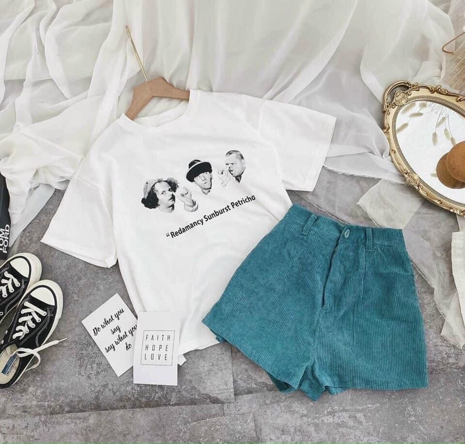 [HCM]SET PULL TRẮNG HÌNH NGƯỜI + QUẦN SHORT NHUNG XANH??