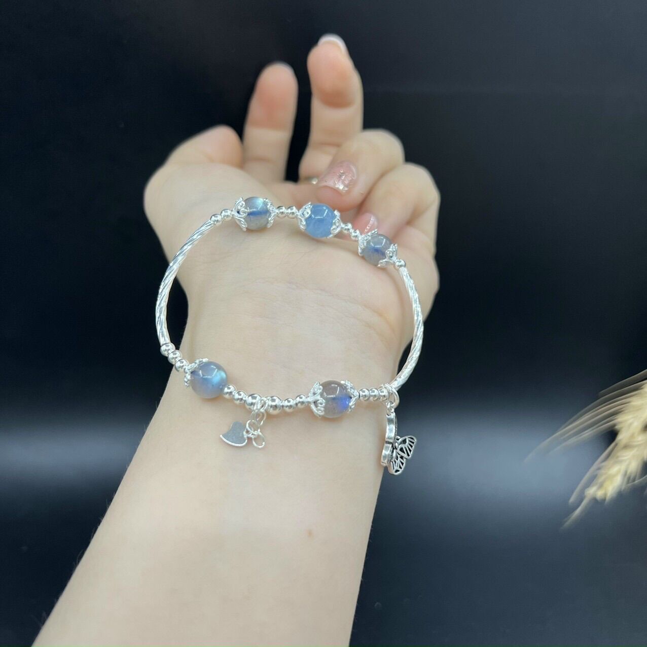 Vòng tay đá phong thuỷ đá aquamarine và đá xà cừ phối bạc 925