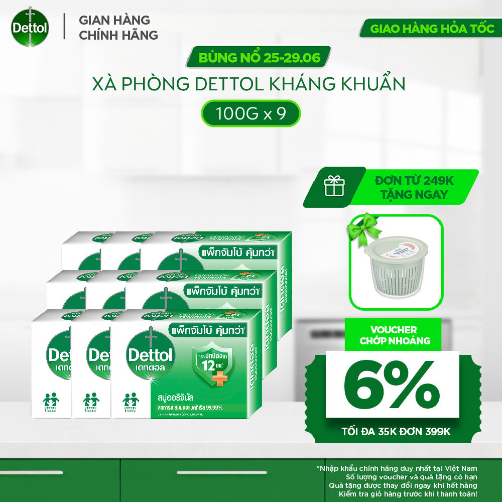 Combo 9 xà phòng Dettol kháng khuẩn hương tinh dầu thông 100g