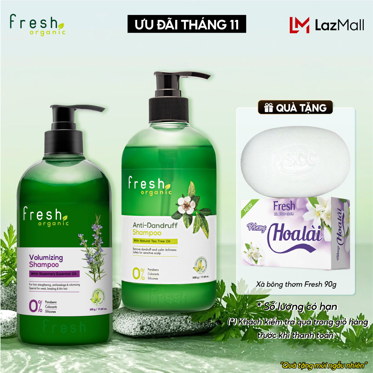 Dầu gội Fresh Organic 500g Giảm gãy rụng chiết xuất Hương thảo hữu cơ / Giảm gàu tinh dầu Tràm Trà h