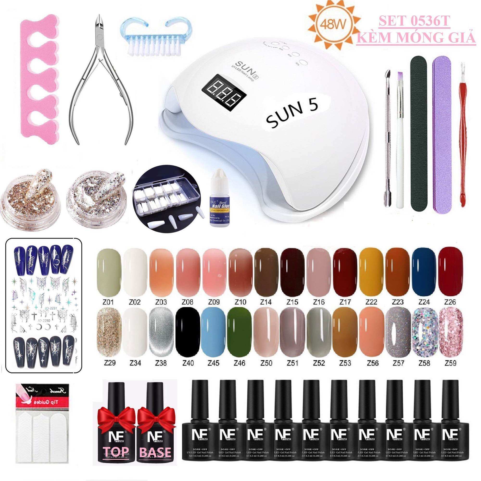 Bộ làm móng(sơn gel 18- 28 chai +máy hơ gel sun 5+100 móng tay giả+dụng cụ làm móng+top&base&sơn gel) mini tại nhà