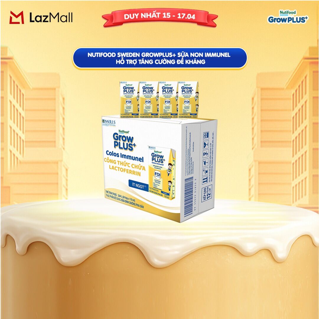 Thùng 24 Hộp Sữa Bột Pha Sẵn Nutifood Sweden GrowPLUS+ Sữa Non Immunel hộp 110 ml (Bao bì tuỳ lô hàng)