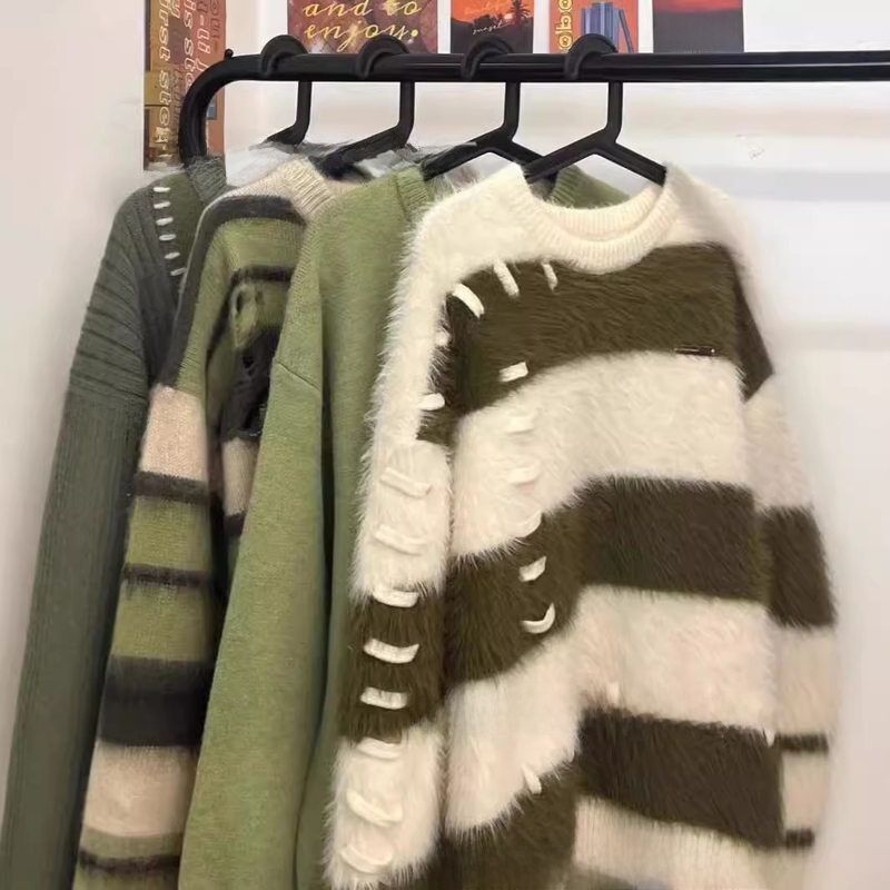 Áo Len Dệt Kim Mềm Mại Màu Tương Phản Cho Nữ Dáng Rộng Thời Trang Thu Đông Áo Len Cardigan Cổ Tròn Tay Dài Họa Tiết Sọc