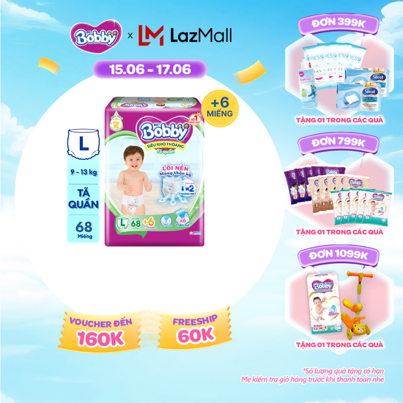 [Từ 22-23 tặng QUÀ TO-SLCH]Tã/bỉm quần Bobby Ultra Jumbo 3mm Siêu khô thoáng L70