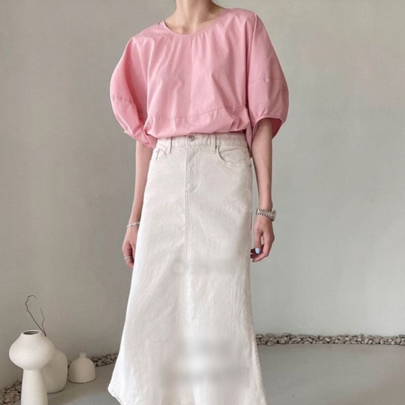 Áo Sơ Mi Nữ Tay Bồng Rộng Rãi Mùa Hè Mới Sau Lưng Thắt Nơ Áo Sơ Mi Cổ Chữ V Tay Ngắn Dáng Rộng Phong