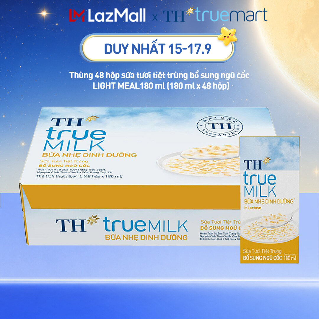 Thùng 48 hộp sữa tươi tiệt trùng bổ sung ngũ cốc TH true MILK LIGHT MEAL 180 ml (180 ml x 48)
