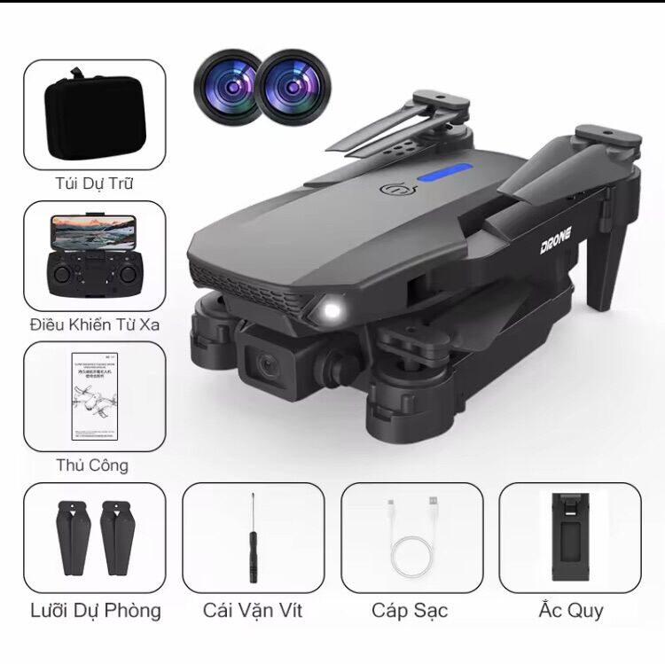   2 máy ảnh  Drone camera 4k mini Máy Bay Flycam E88 pro fIycam trang bị camera kép4k,Cảm Biến Tránh Vật Cản - Lai Cam Điều Khiển Từ Xa,Chất lượng hình ản 