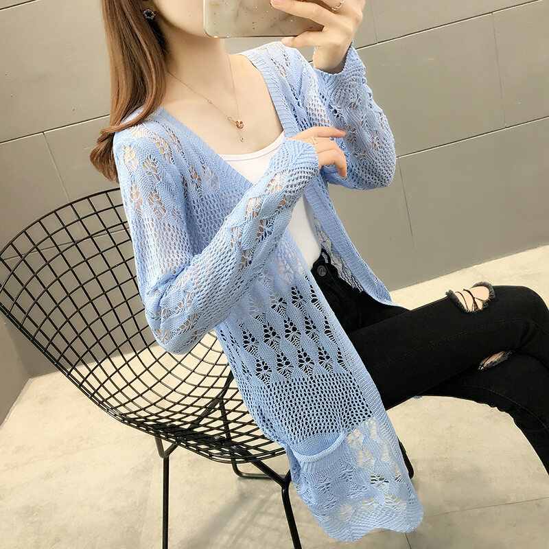 Áo Khoác Cardigan Áo Dệt Kim Có Lỗ Mẫu Mỏng Mùa Xuân Hè Cho Nữ Áo Len Dáng Dài Vừa Phối Bên Ngoài Áo Khoác Chống Nắng Áo Điều Hòa